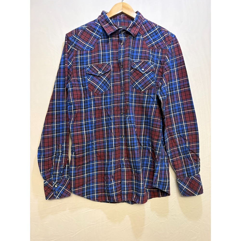 Diesel Western Shirt Mens Red Blue‎ Plaid Pearl Snap Long Sleeve Outdoor Large